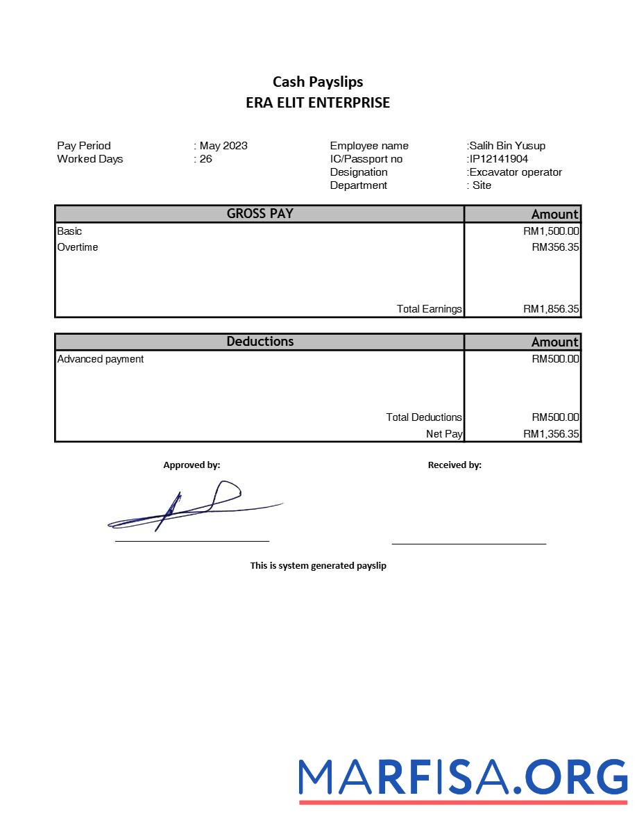 Blank Era Elit Enterprise payslip real example